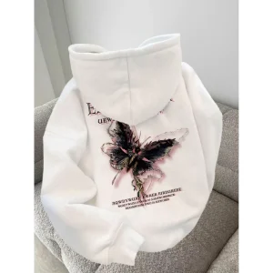 Forteid Oversize Hoodie Wanita Korean Style Oversize Hoodie Sweater (cetakan huruf kupu-kupu) Baju Wanita Kekinian/Baju