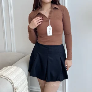 Rakku Cleo Top 193 - Kaos Crop Polo Knit - Kaos Wanita Lengan Panjang Korea Kekinian